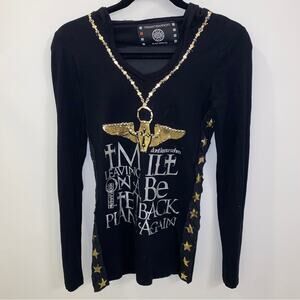 The Saints Sinphony Women’s black long-sleeved hooded hoodie shirt w/bling small